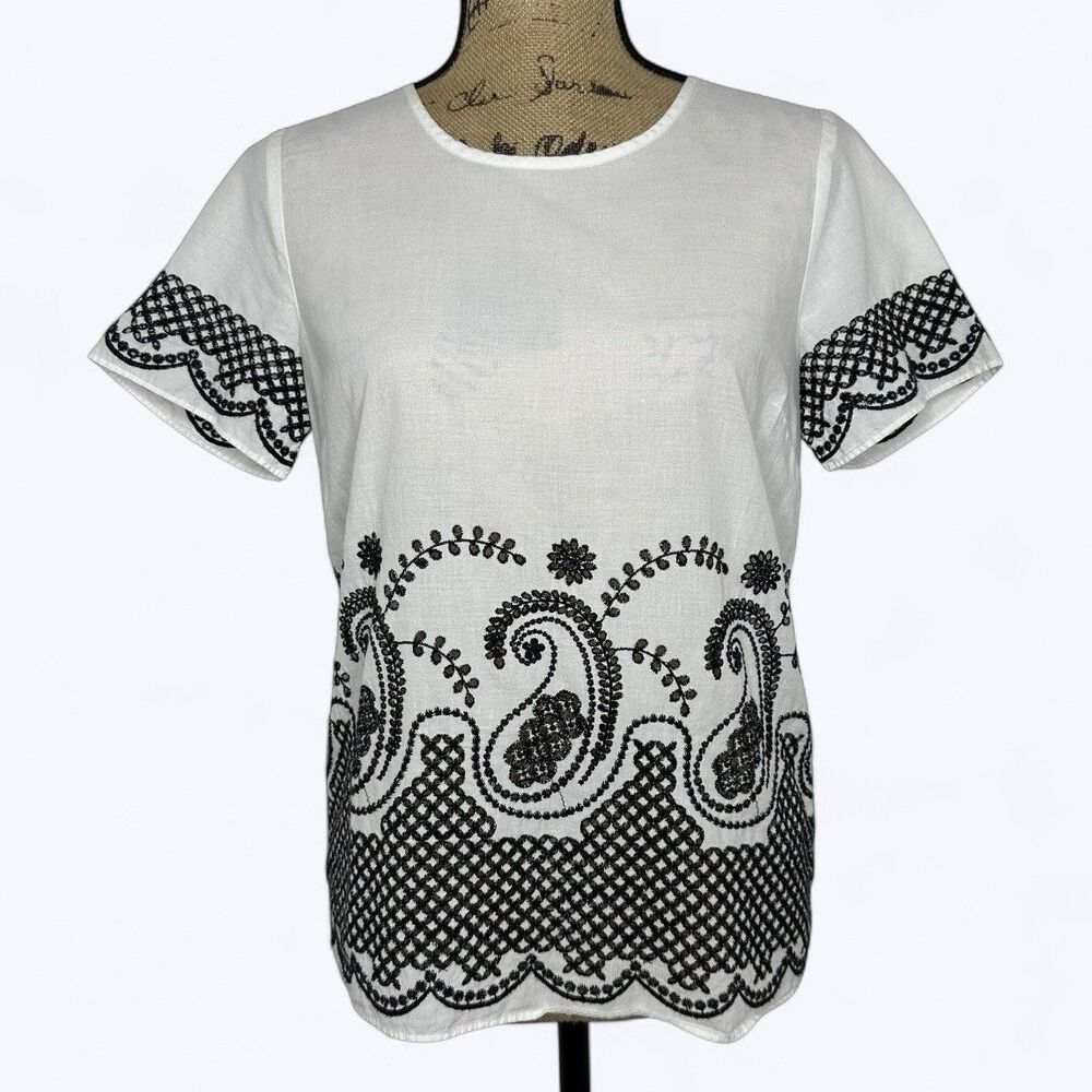 Michael Kors Blouse Sz S White Short Sleeve Embroidered Paisley Eyelet Boho